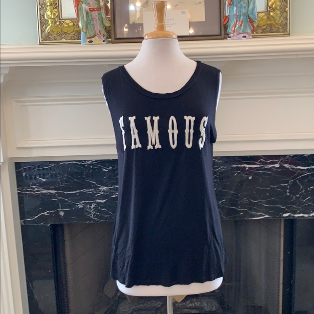 “Famous” Embroidered graphic sleeveless t-shirt